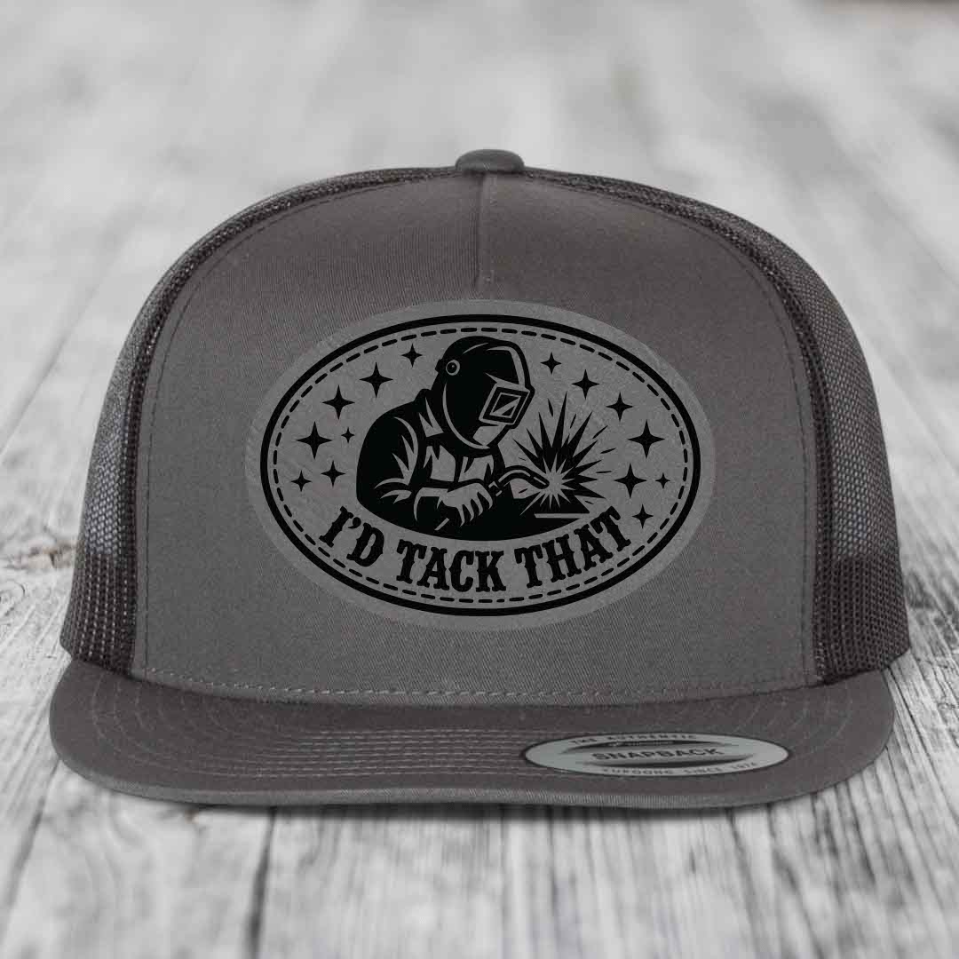Id Tack That - Leather Patch Hat - Grey to Black Patch - Yupoong 6006 Snapback Flatbill Hat