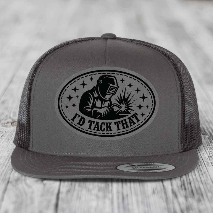 Id Tack That - Leather Patch Hat - Grey to Black Patch - Yupoong 6006 Snapback Flatbill Hat