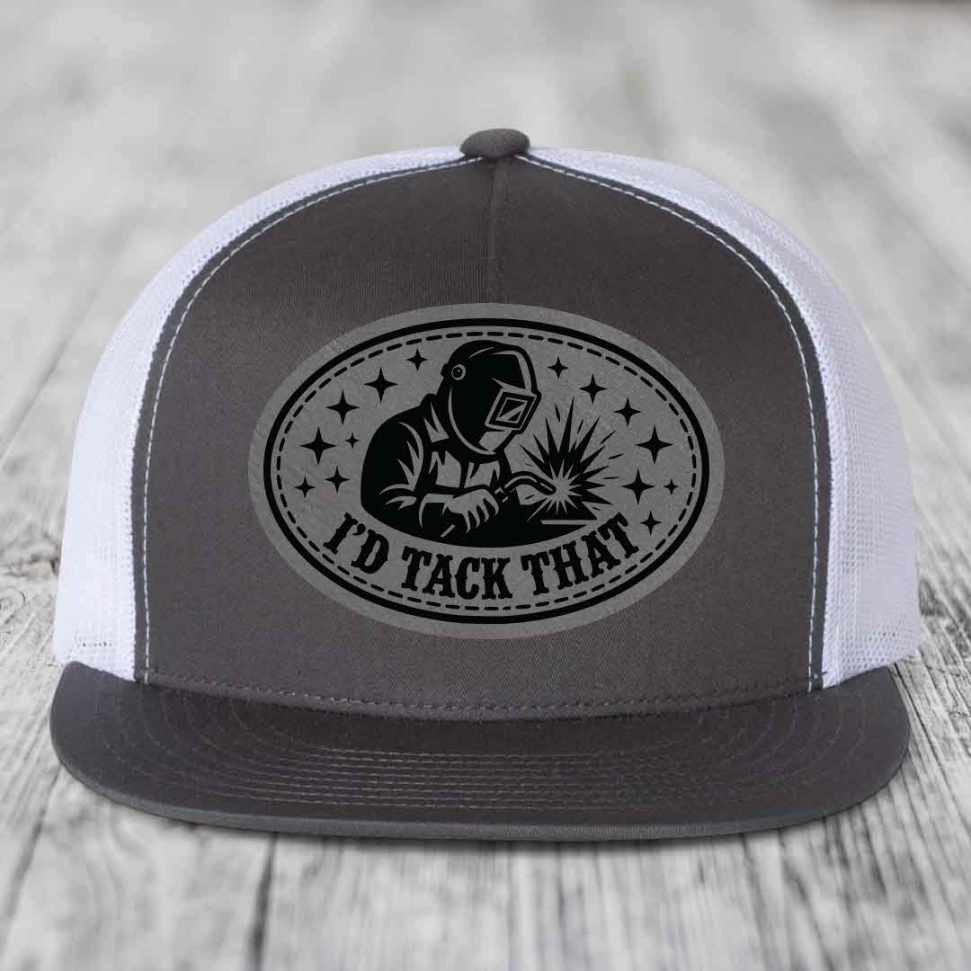 Id Tack That - Leather Patch Hat - Grey to Black Patch - Yupoong 6006 Snapback Flatbill Hat