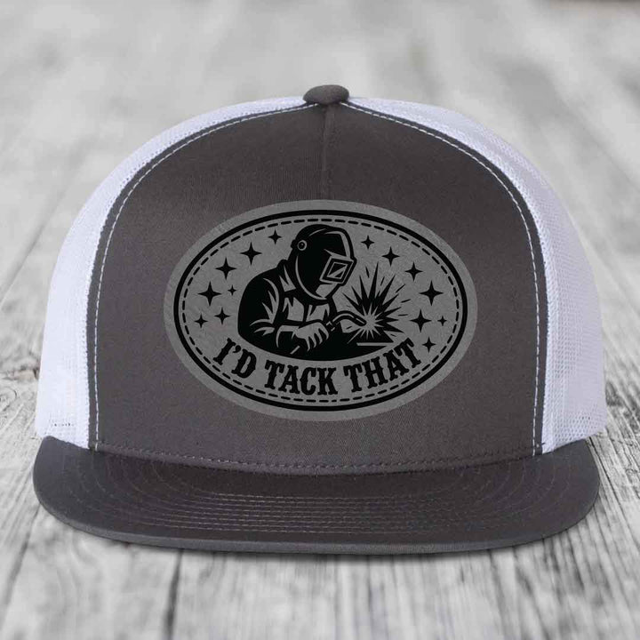 Id Tack That - Leather Patch Hat - Grey to Black Patch - Yupoong 6006 Snapback Flatbill Hat