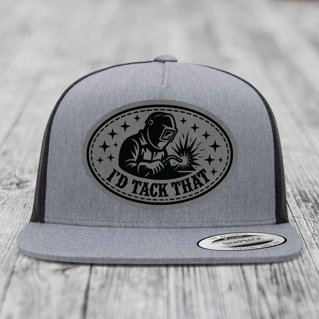 Id Tack That - Leather Patch Hat - Grey to Black Patch - Yupoong 6006 Snapback Flatbill Hat