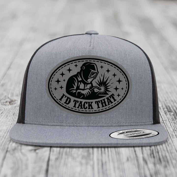 Id Tack That - Leather Patch Hat - Grey to Black Patch - Yupoong 6006 Snapback Flatbill Hat