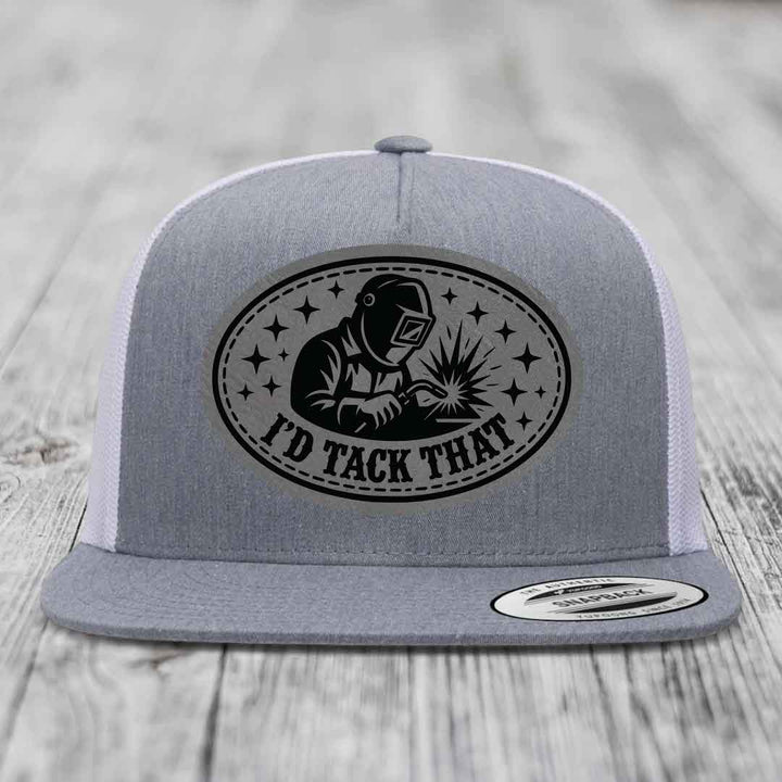 Id Tack That - Leather Patch Hat - Grey to Black Patch - Yupoong 6006 Snapback Flatbill Hat