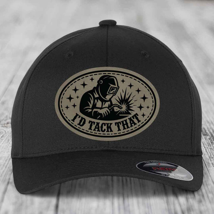 Id Tack That - Leather Patch Hat - Light Brown to Black Patch - Flexfit 6277 Fitted Hat