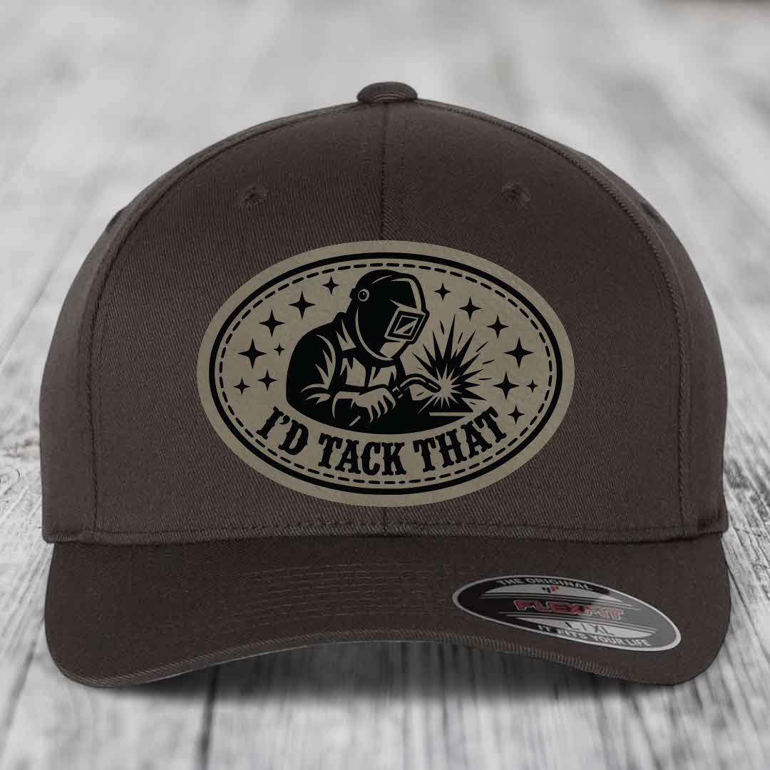 Id Tack That - Leather Patch Hat - Light Brown to Black Patch - Flexfit 6277 Fitted Hat