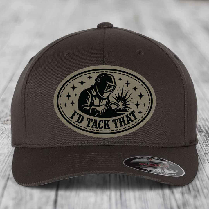 Id Tack That - Leather Patch Hat - Light Brown to Black Patch - Flexfit 6277 Fitted Hat