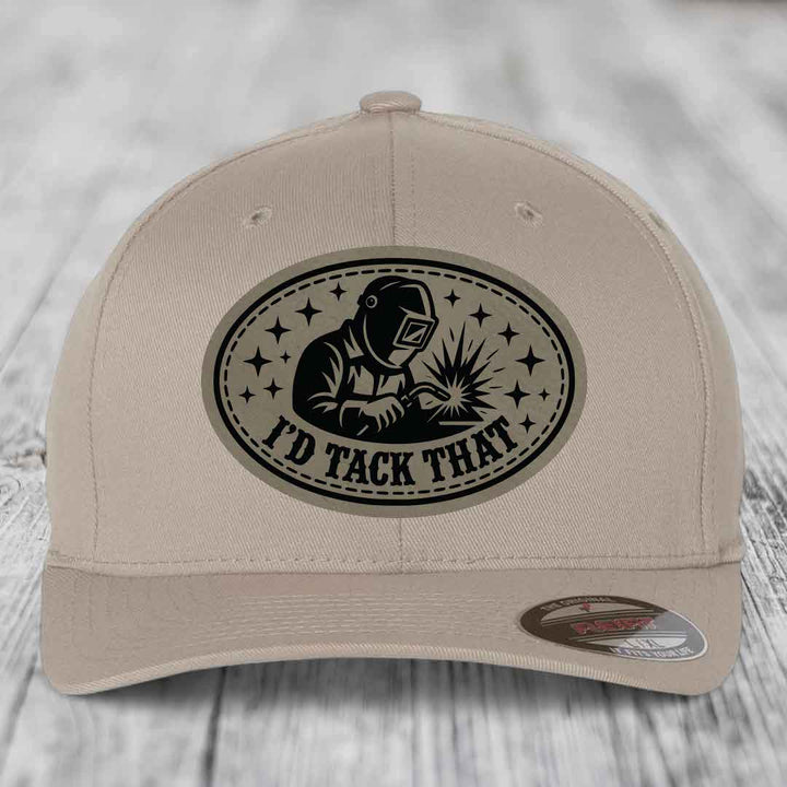 Id Tack That - Leather Patch Hat - Light Brown to Black Patch - Flexfit 6277 Fitted Hat