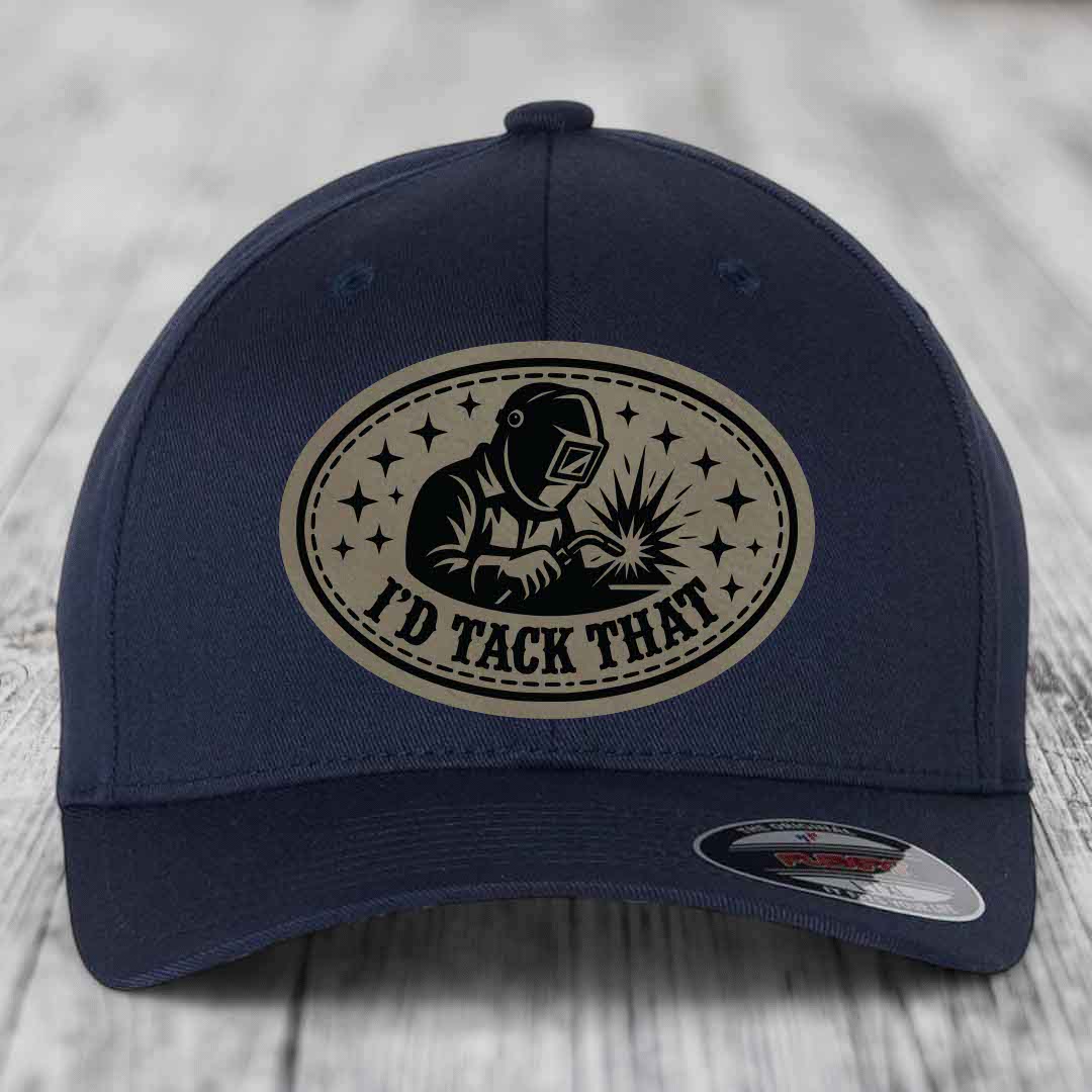 Id Tack That - Leather Patch Hat - Light Brown to Black Patch - Flexfit 6277 Fitted Hat