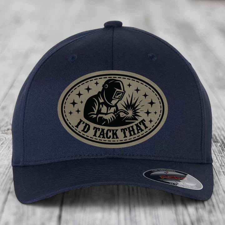 Id Tack That - Leather Patch Hat - Light Brown to Black Patch - Flexfit 6277 Fitted Hat
