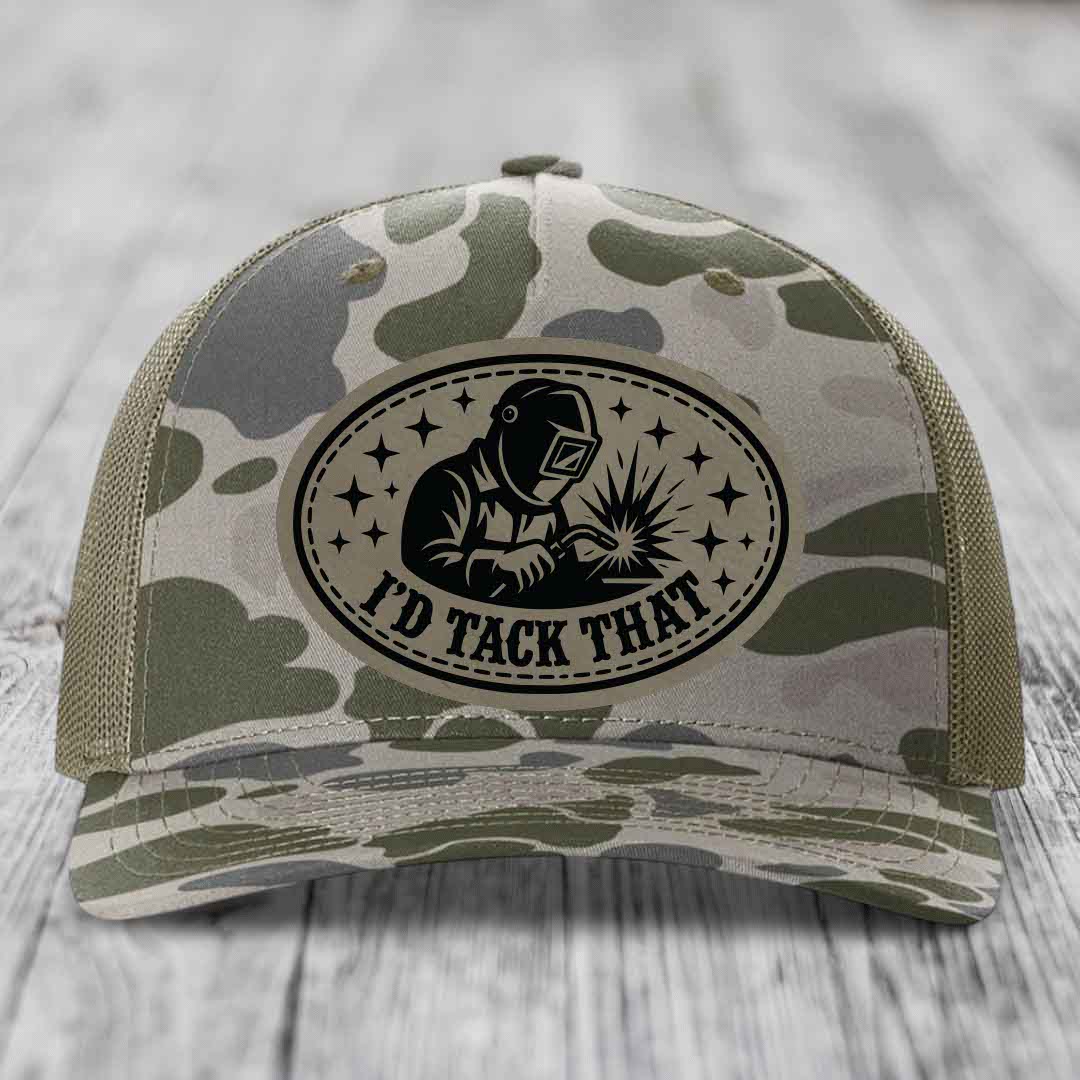 Id Tack That - Leather Patch Hat - Light Brown to Black Patch - Richardson 112PFP Snapback Trucker Hat