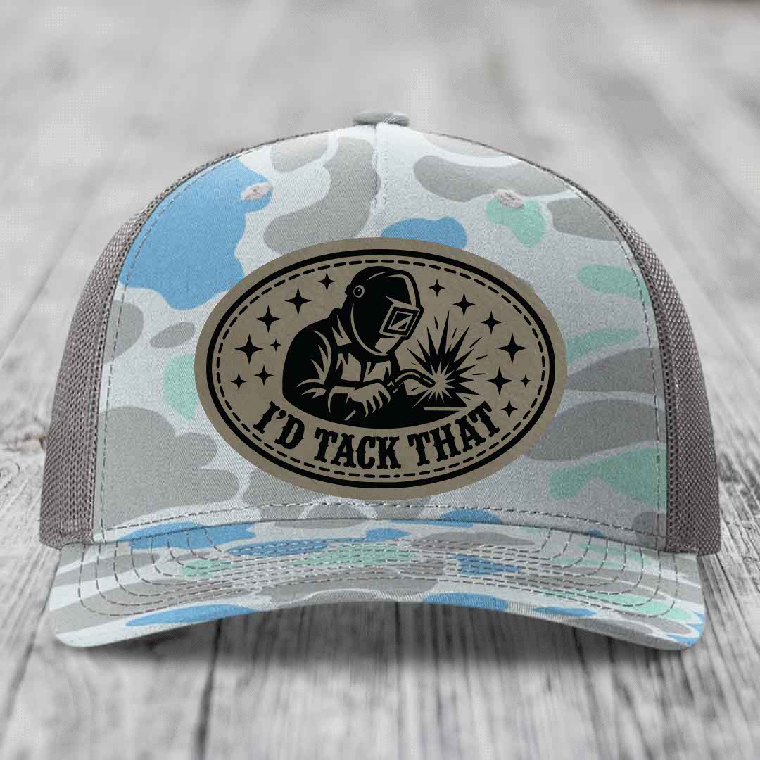 Id Tack That - Leather Patch Hat - Light Brown to Black Patch - Richardson 112PFP Snapback Trucker Hat