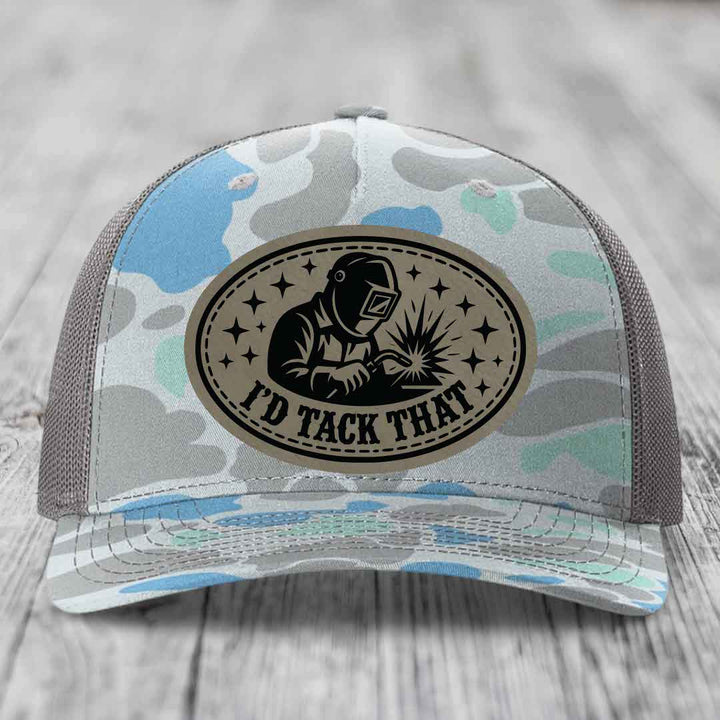 Id Tack That - Leather Patch Hat - Light Brown to Black Patch - Richardson 112PFP Snapback Trucker Hat