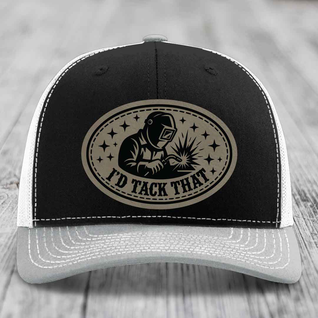 Id Tack That - Leather Patch Hat - Light Brown to Black Patch - Richardson 112 Snapback Trucker Hat