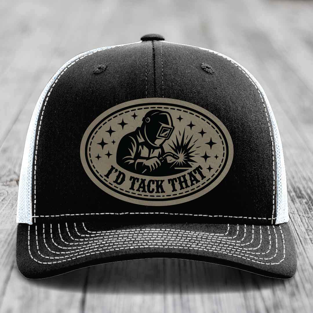 Id Tack That - Leather Patch Hat - Light Brown to Black Patch - Richardson 112 Snapback Trucker Hat