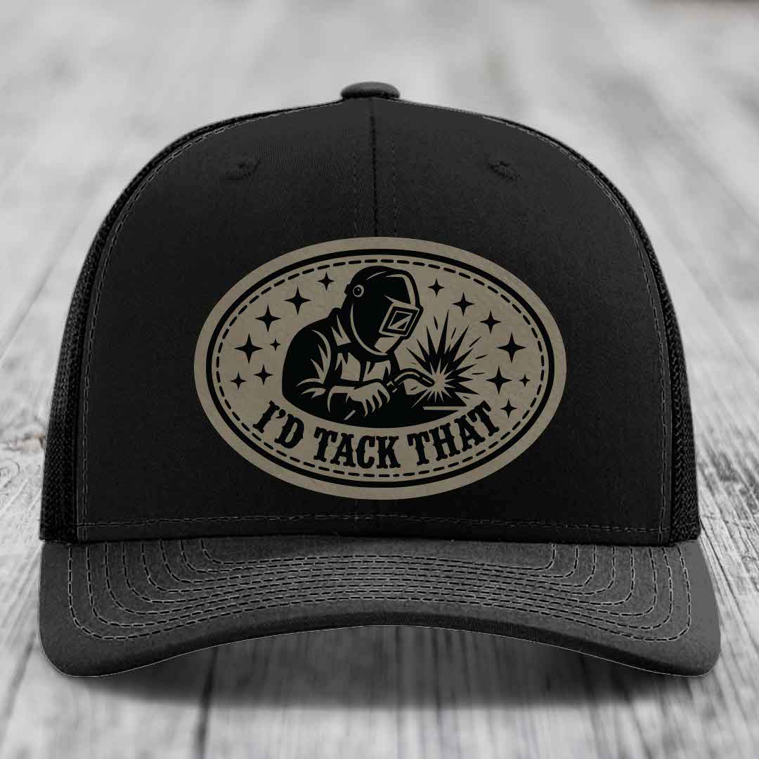 Id Tack That - Leather Patch Hat - Light Brown to Black Patch - Richardson 112 Snapback Trucker Hat