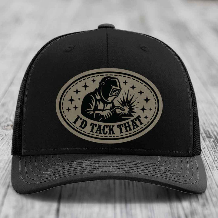 Id Tack That - Leather Patch Hat - Light Brown to Black Patch - Richardson 112 Snapback Trucker Hat