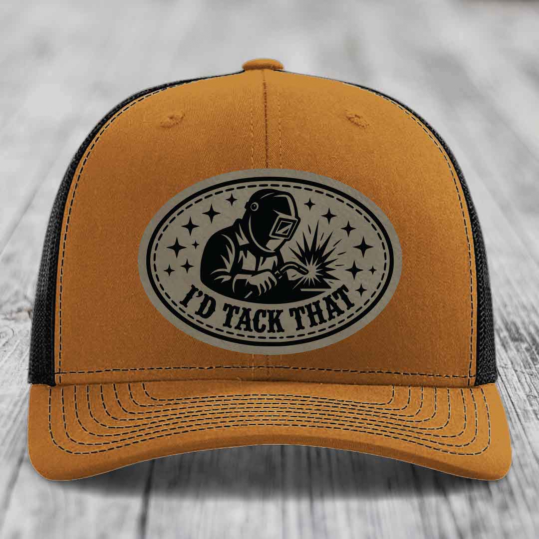 Id Tack That - Leather Patch Hat - Light Brown to Black Patch - Richardson 112 Snapback Trucker Hat