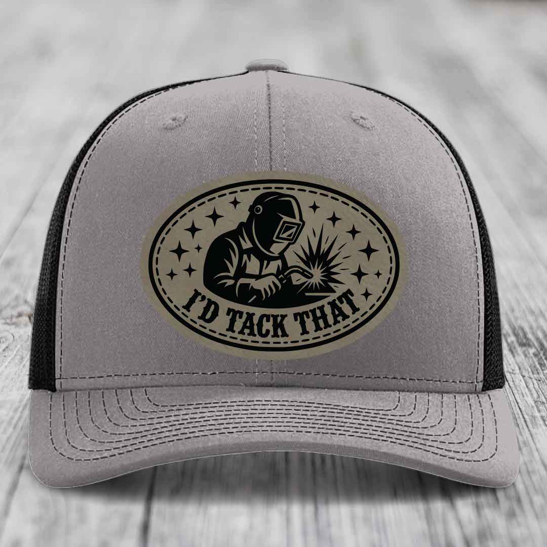 Id Tack That - Leather Patch Hat - Light Brown to Black Patch - Richardson 112 Snapback Trucker Hat