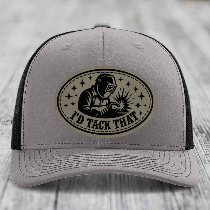 Id Tack That - Leather Patch Hat - Light Brown to Black Patch - Richardson 112 Snapback Trucker Hat