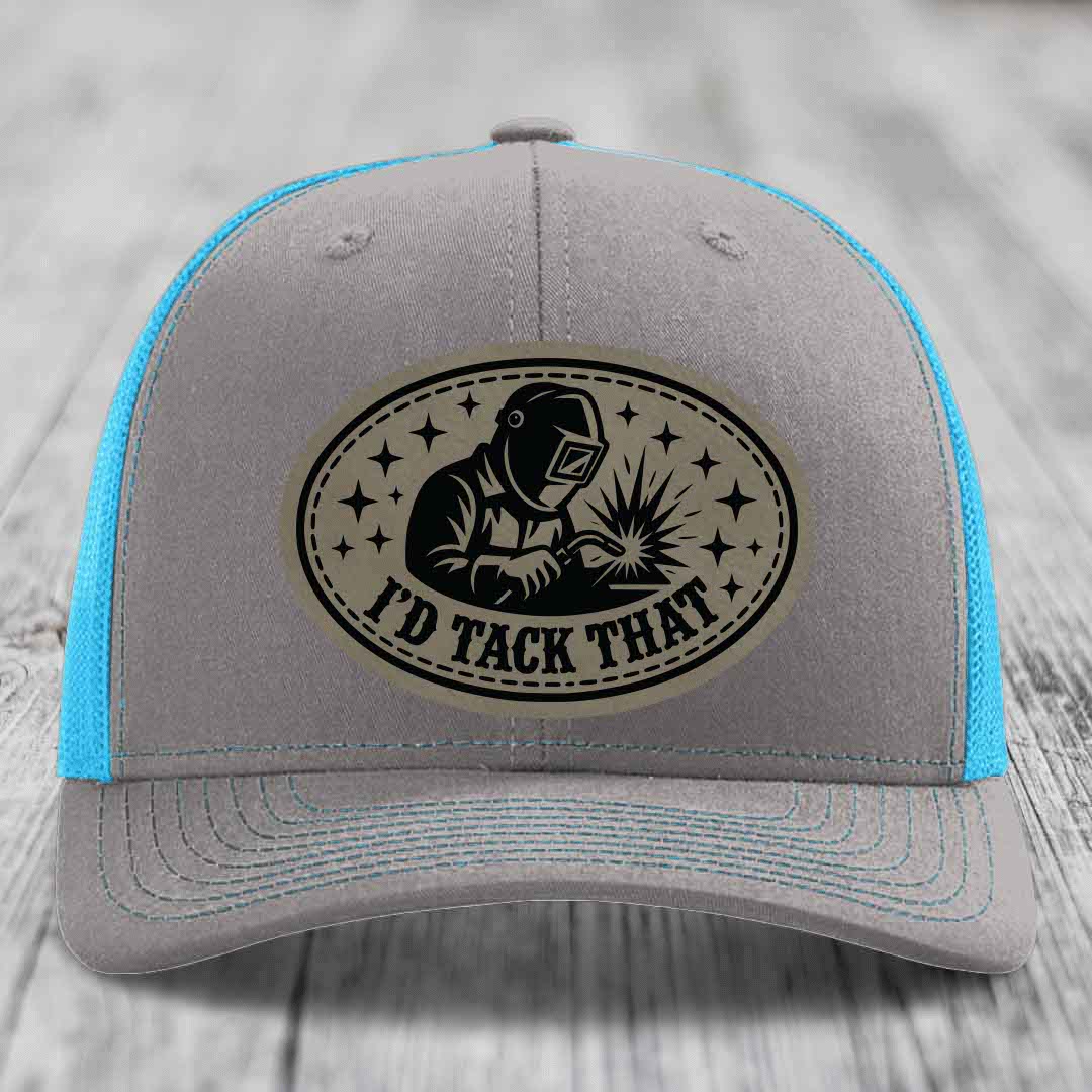 Id Tack That - Leather Patch Hat - Light Brown to Black Patch - Richardson 112 Snapback Trucker Hat