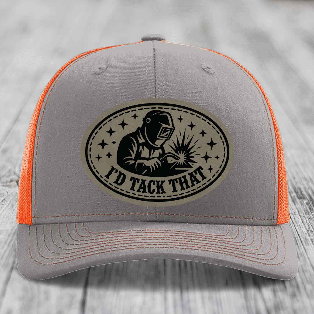 Id Tack That - Leather Patch Hat - Light Brown to Black Patch - Richardson 112 Snapback Trucker Hat
