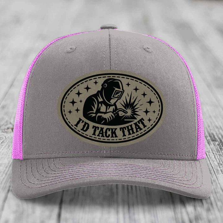 Id Tack That - Leather Patch Hat - Light Brown to Black Patch - Richardson 112 Snapback Trucker Hat