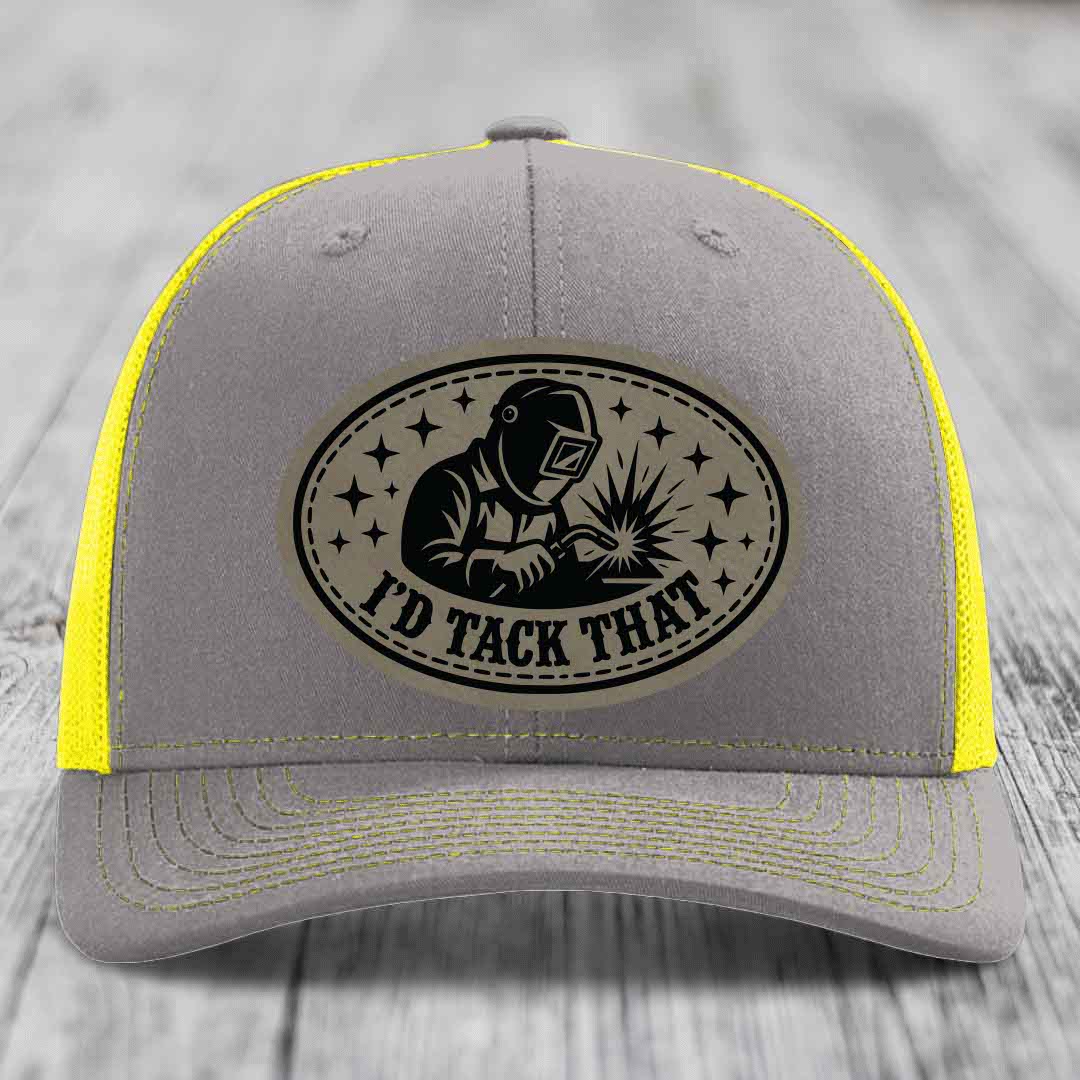 Id Tack That - Leather Patch Hat - Light Brown to Black Patch - Richardson 112 Snapback Trucker Hat