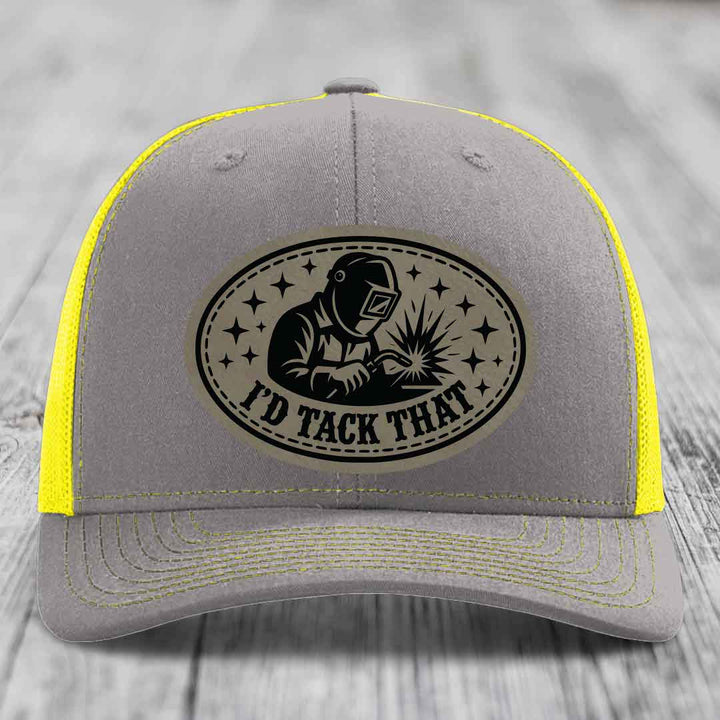 Id Tack That - Leather Patch Hat - Light Brown to Black Patch - Richardson 112 Snapback Trucker Hat