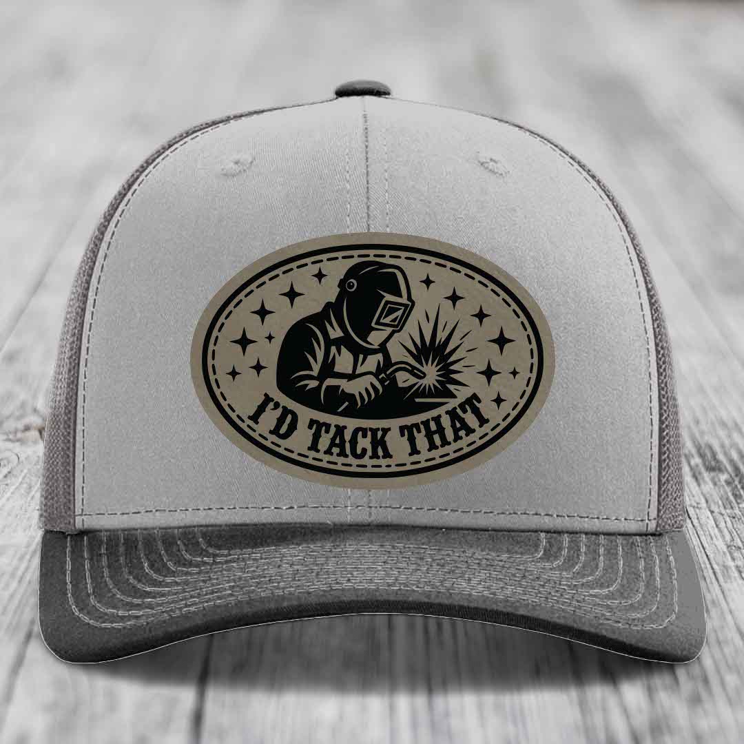Id Tack That - Leather Patch Hat - Light Brown to Black Patch - Richardson 112 Snapback Trucker Hat