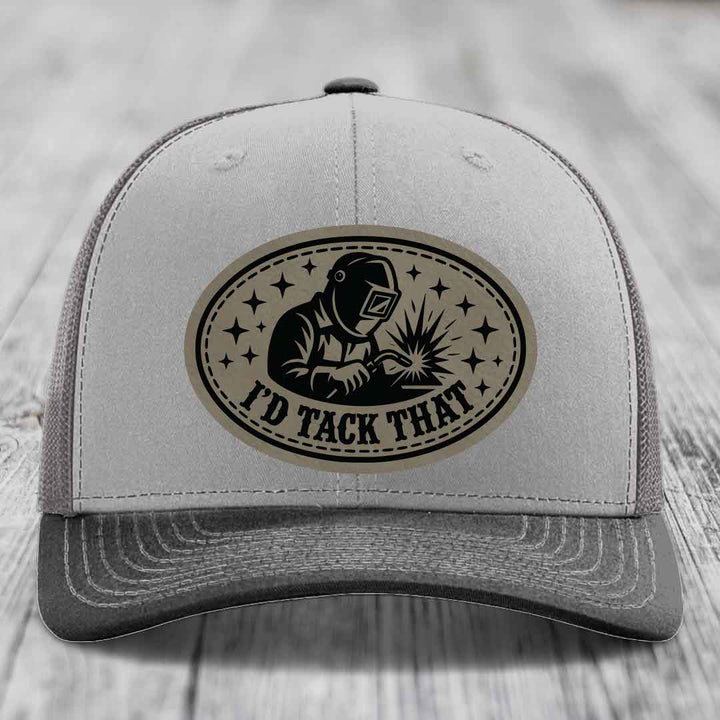 Id Tack That - Leather Patch Hat - Light Brown to Black Patch - Richardson 112 Snapback Trucker Hat