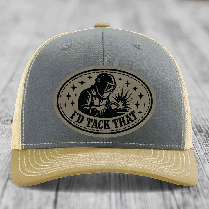 Id Tack That - Leather Patch Hat - Light Brown to Black Patch - Richardson 112 Snapback Trucker Hat