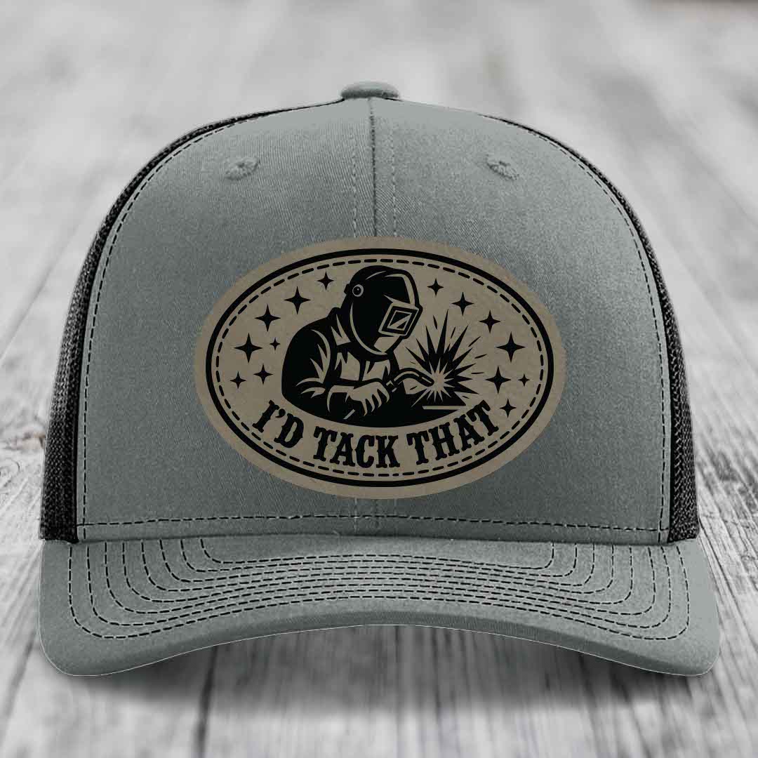 Id Tack That - Leather Patch Hat - Light Brown to Black Patch - Richardson 112 Snapback Trucker Hat
