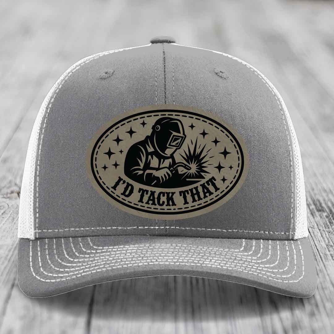 Id Tack That - Leather Patch Hat - Light Brown to Black Patch - Richardson 112 Snapback Trucker Hat