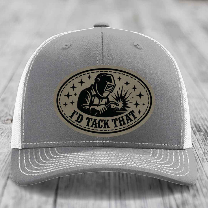Id Tack That - Leather Patch Hat - Light Brown to Black Patch - Richardson 112 Snapback Trucker Hat