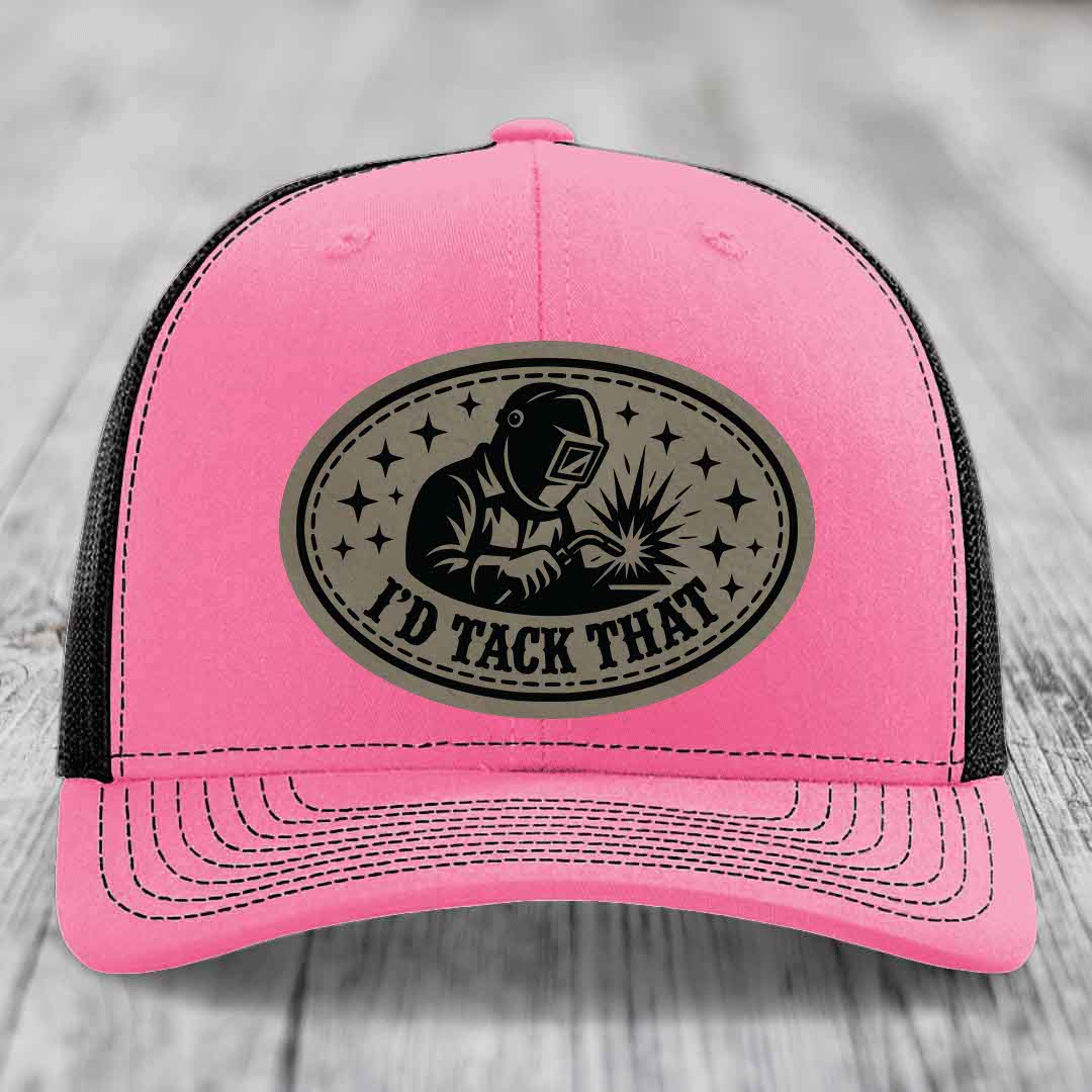 Id Tack That - Leather Patch Hat - Light Brown to Black Patch - Richardson 112 Snapback Trucker Hat