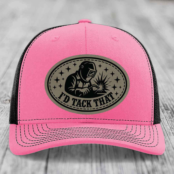 Id Tack That - Leather Patch Hat - Light Brown to Black Patch - Richardson 112 Snapback Trucker Hat