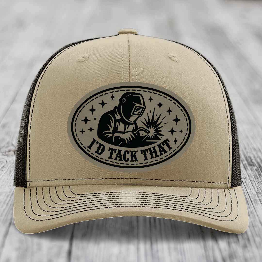 Id Tack That - Leather Patch Hat - Light Brown to Black Patch - Richardson 112 Snapback Trucker Hat