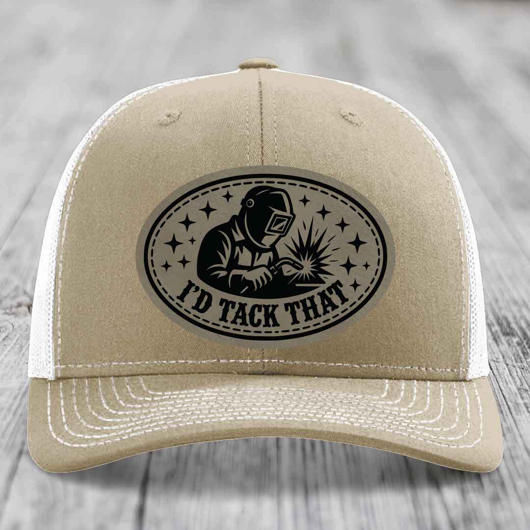 Id Tack That - Leather Patch Hat - Light Brown to Black Patch - Richardson 112 Snapback Trucker Hat