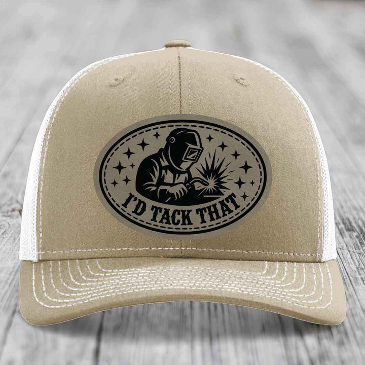 Id Tack That - Leather Patch Hat - Light Brown to Black Patch - Richardson 112 Snapback Trucker Hat