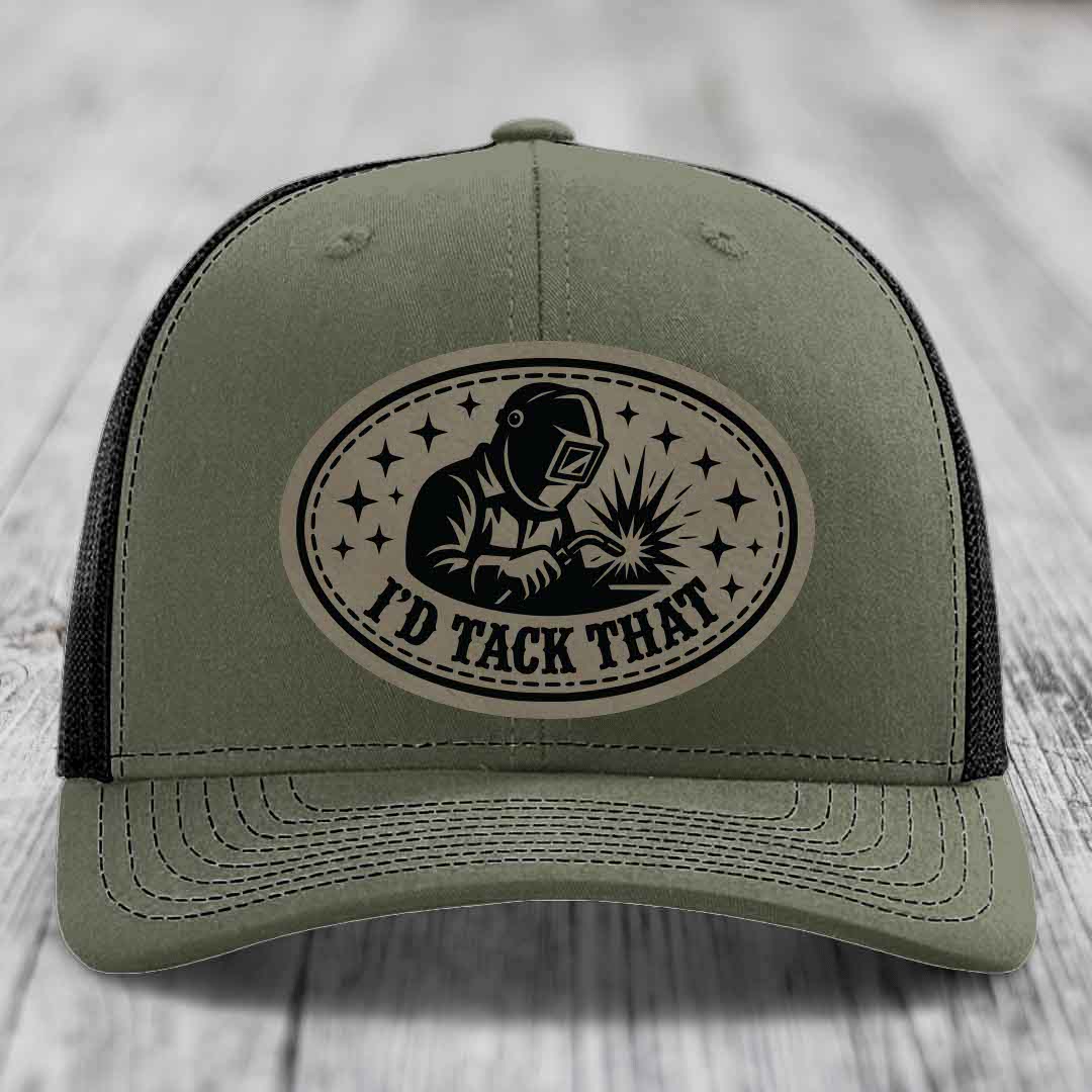 Id Tack That - Leather Patch Hat - Light Brown to Black Patch - Richardson 112 Snapback Trucker Hat