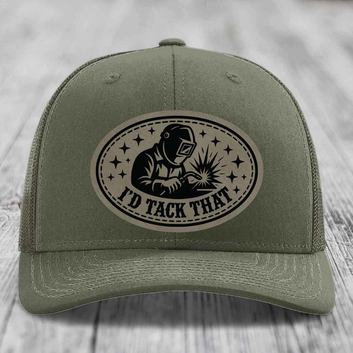 Id Tack That - Leather Patch Hat - Light Brown to Black Patch - Richardson 112 Snapback Trucker Hat