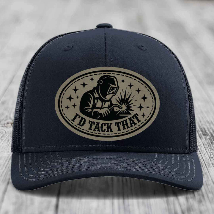 Id Tack That - Leather Patch Hat - Light Brown to Black Patch - Richardson 112 Snapback Trucker Hat