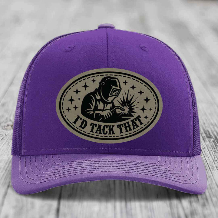 Id Tack That - Leather Patch Hat - Light Brown to Black Patch - Richardson 112 Snapback Trucker Hat