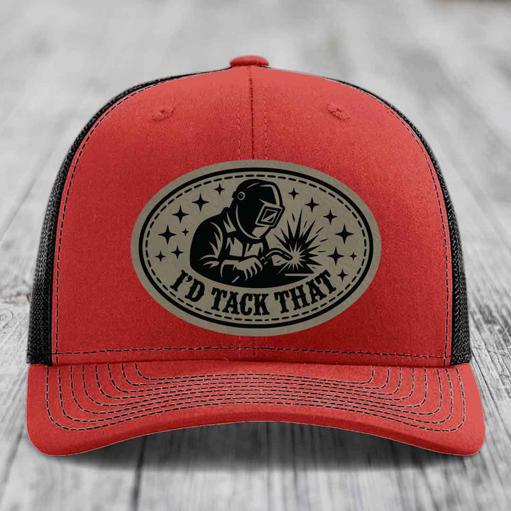 Id Tack That - Leather Patch Hat - Light Brown to Black Patch - Richardson 112 Snapback Trucker Hat
