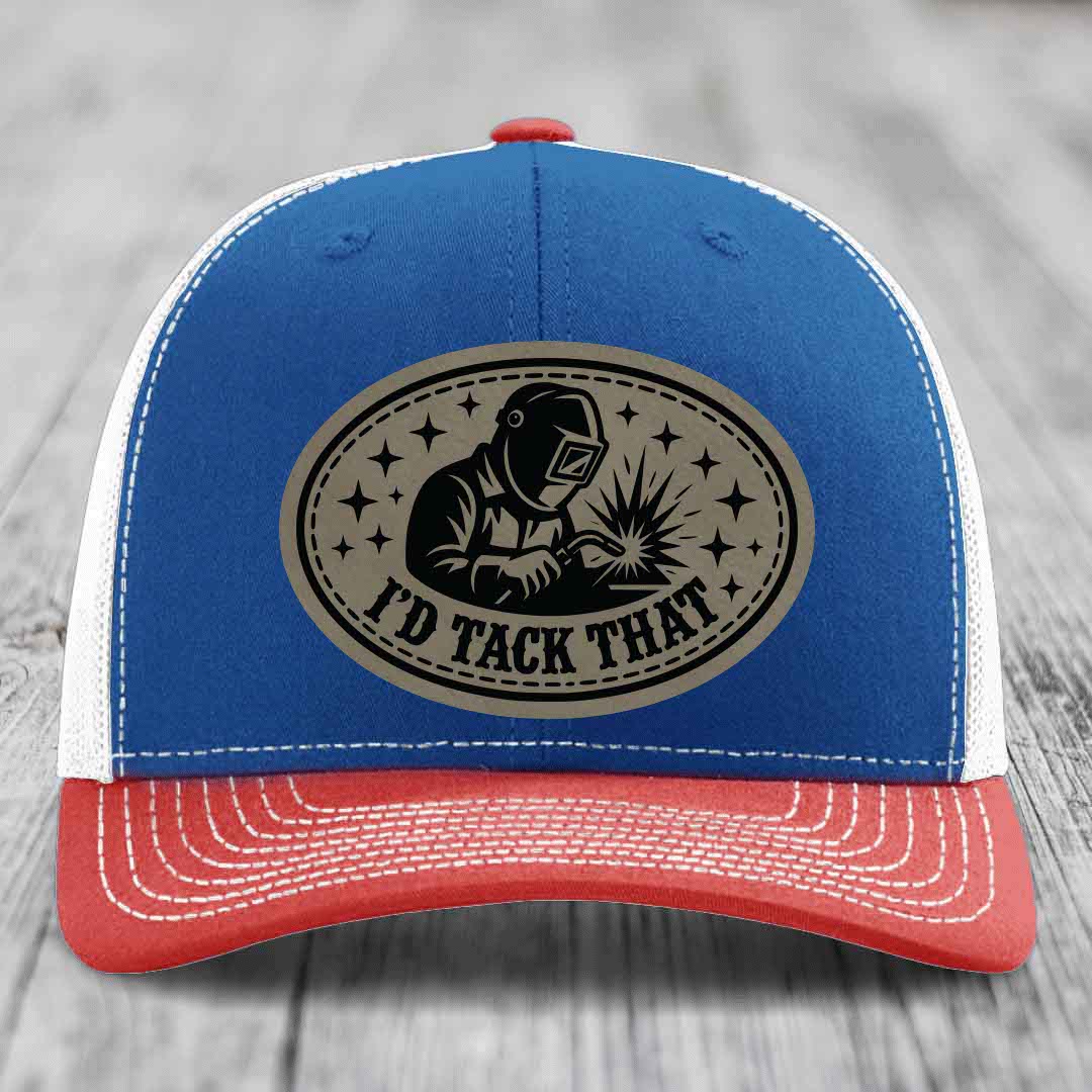 Id Tack That - Leather Patch Hat - Light Brown to Black Patch - Richardson 112 Snapback Trucker Hat