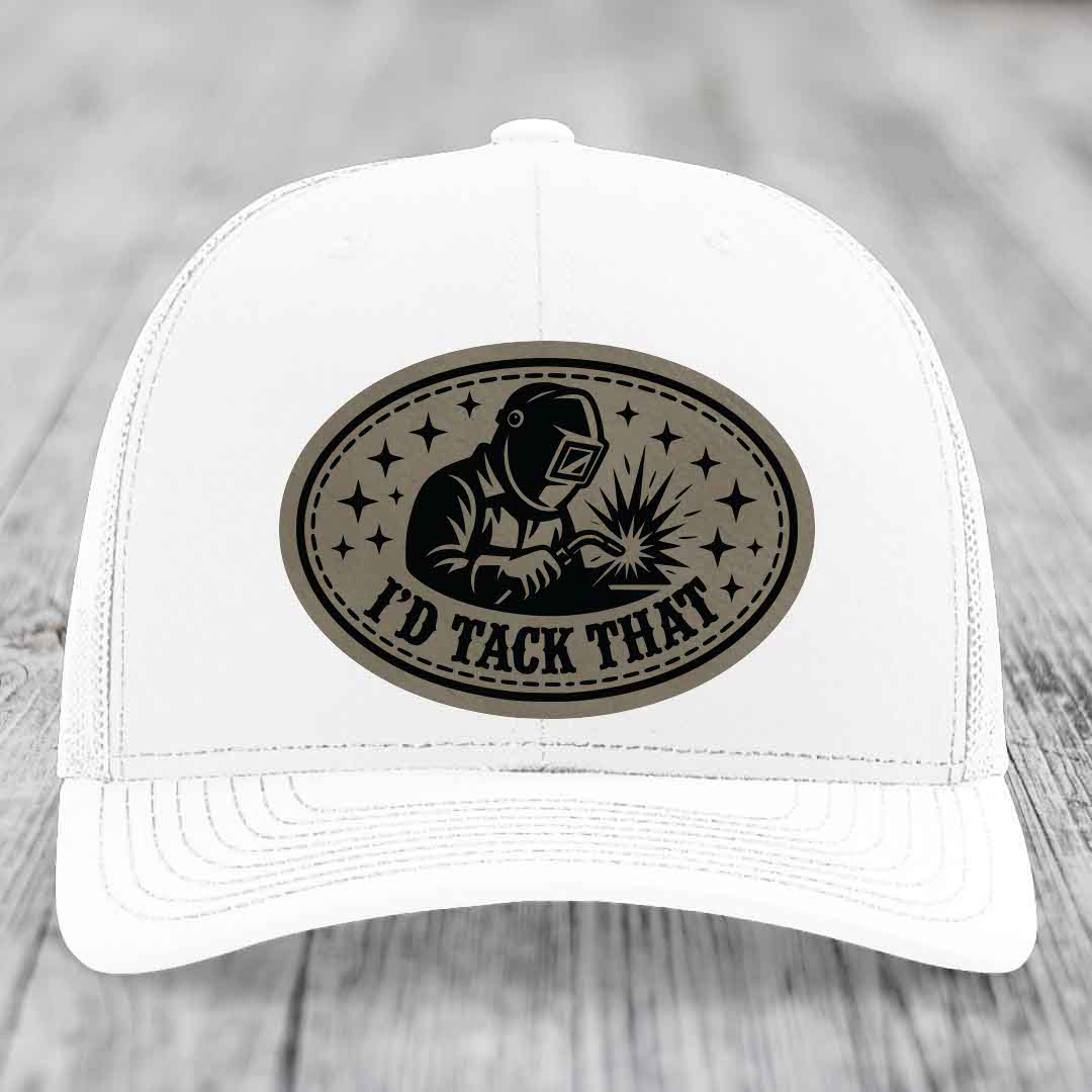 Id Tack That - Leather Patch Hat - Light Brown to Black Patch - Richardson 112 Snapback Trucker Hat