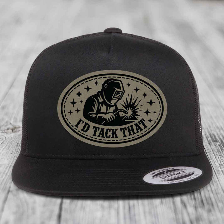 Id Tack That - Leather Patch Hat - Light Brown to Black Patch - Yupoong 6006 Snapback Flatbill Hat