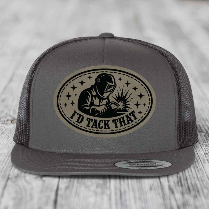 Id Tack That - Leather Patch Hat - Light Brown to Black Patch - Yupoong 6006 Snapback Flatbill Hat
