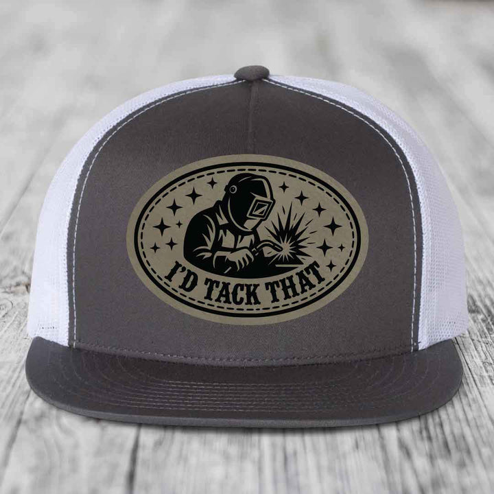 Id Tack That - Leather Patch Hat - Light Brown to Black Patch - Yupoong 6006 Snapback Flatbill Hat