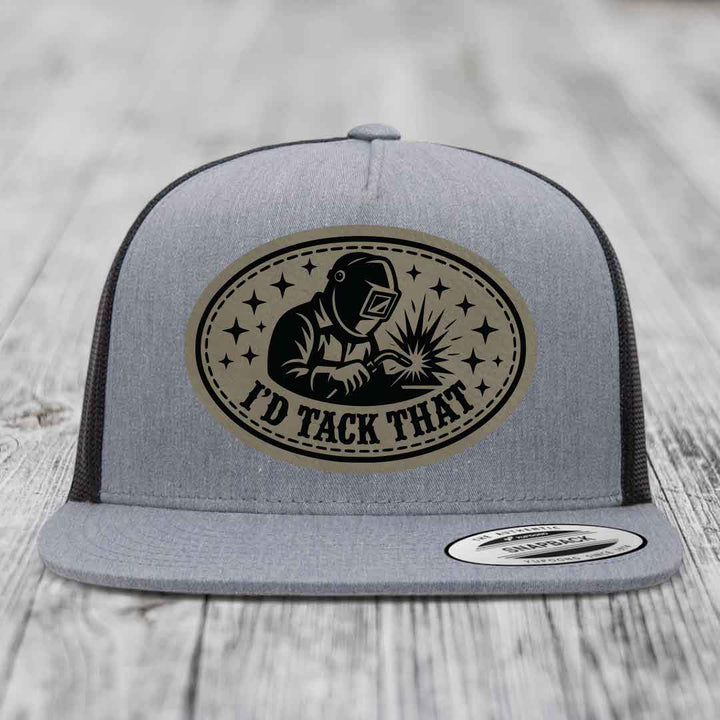 Id Tack That - Leather Patch Hat - Light Brown to Black Patch - Yupoong 6006 Snapback Flatbill Hat